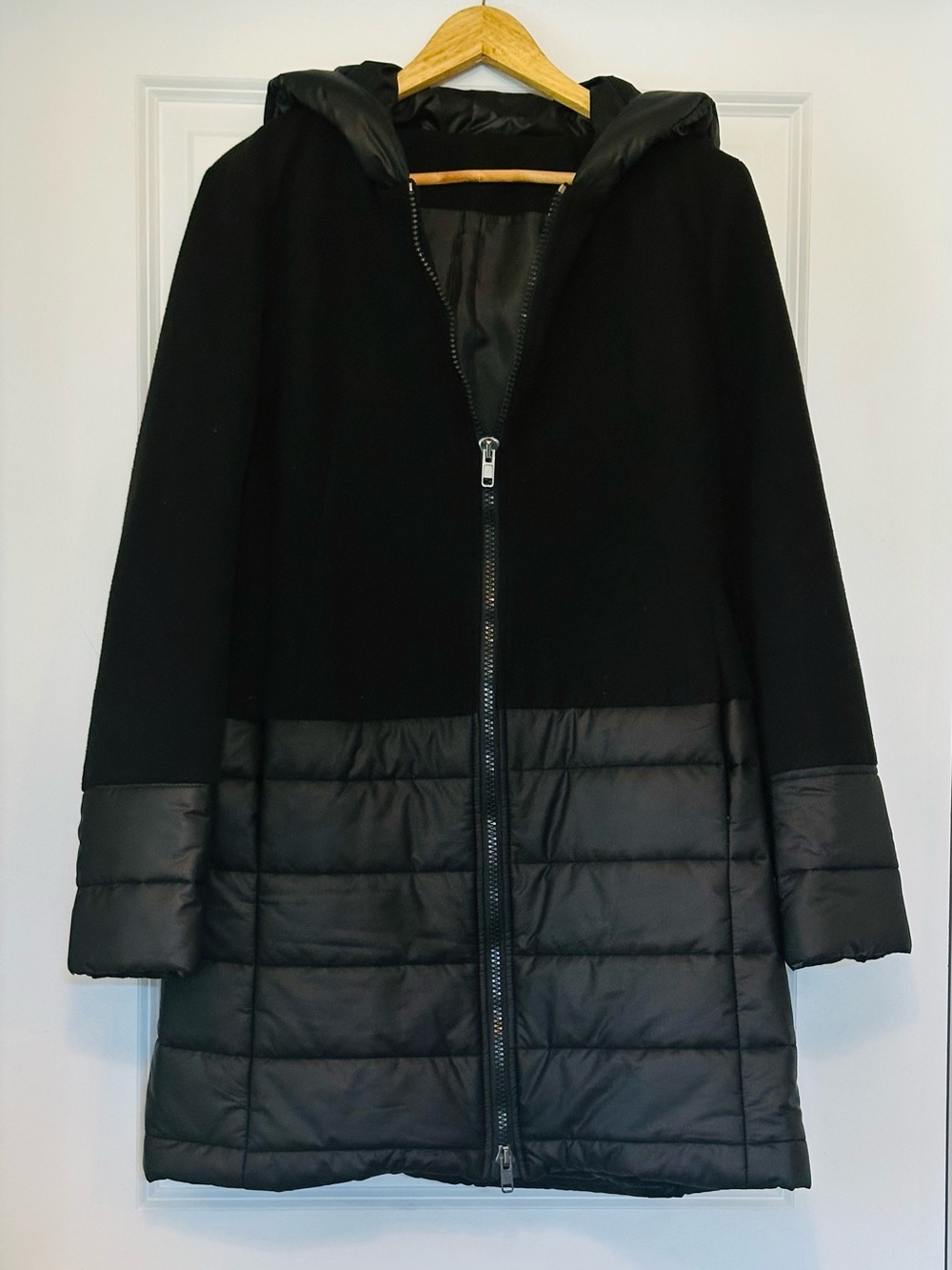 MADE IN ITALY Coat Black Two-tone Felted Puffer Hood Zip Snap Sz 38 US M